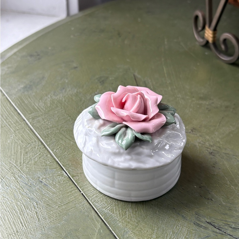 Ceramic Trinket Box with Pink Rose